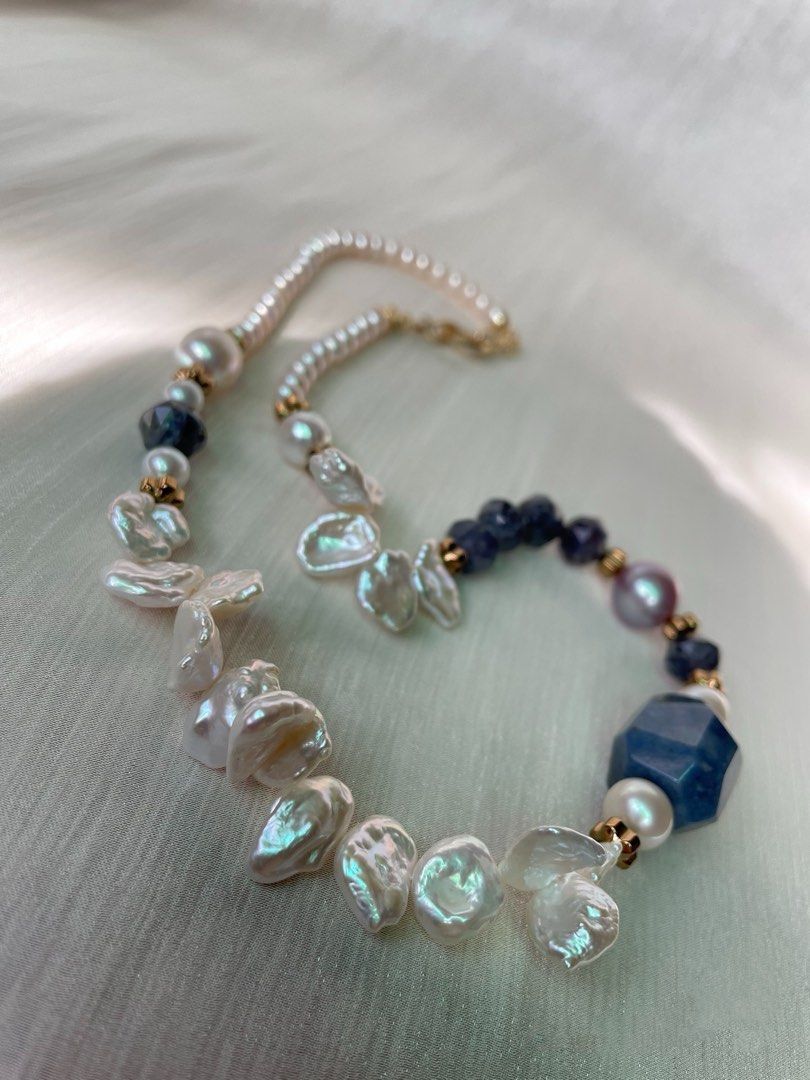 #PN75 Pearlescent Bliss| Freshwater Pearl Necklace | Big Sodalite Faceted| Flower Petal Baroque Pearl | Edison Pearl | Iolite