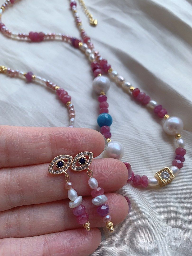 #PN207 Freshwater Pearl Necklace & Bracelet & Earrings Set| Tourmaline|White Edison & Pink Baroque Pearls