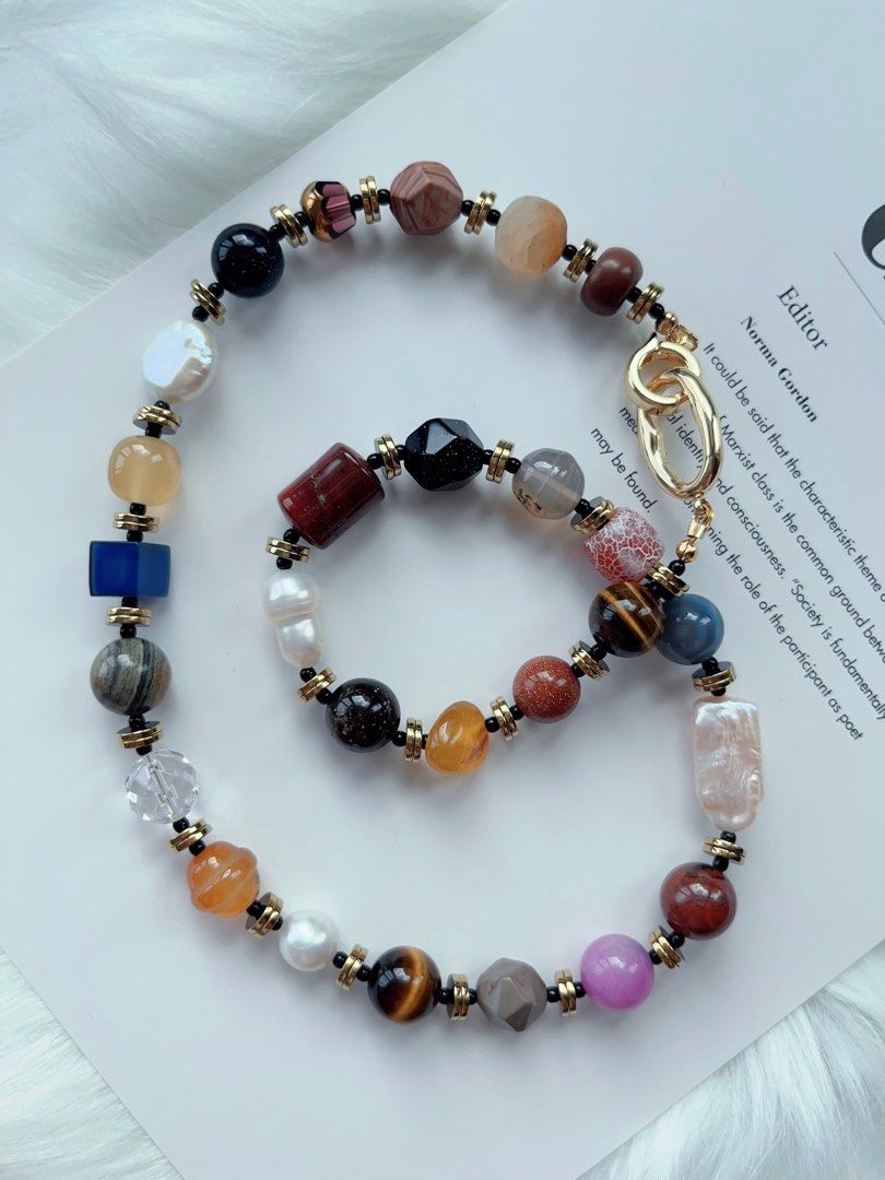 #PN276 Brown Garden| Freshwater Pearl Necklace | Yellow, Blue Sandstone Faceted| Agate| Coin, Gourd Pearl | Tiger Eye| Rectangle Baroque | Grey Agate Bell