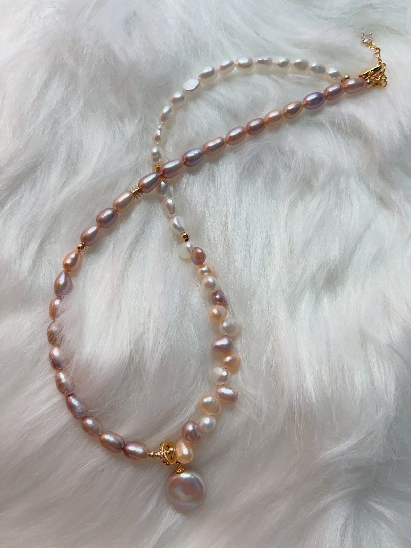 #PN285 Tender Pearl| Freshwater Pearl Necklace | Colorful Wheat Ear| Removable Pendant | Lustrous Coin Pearl | Metallic Rice Pearl