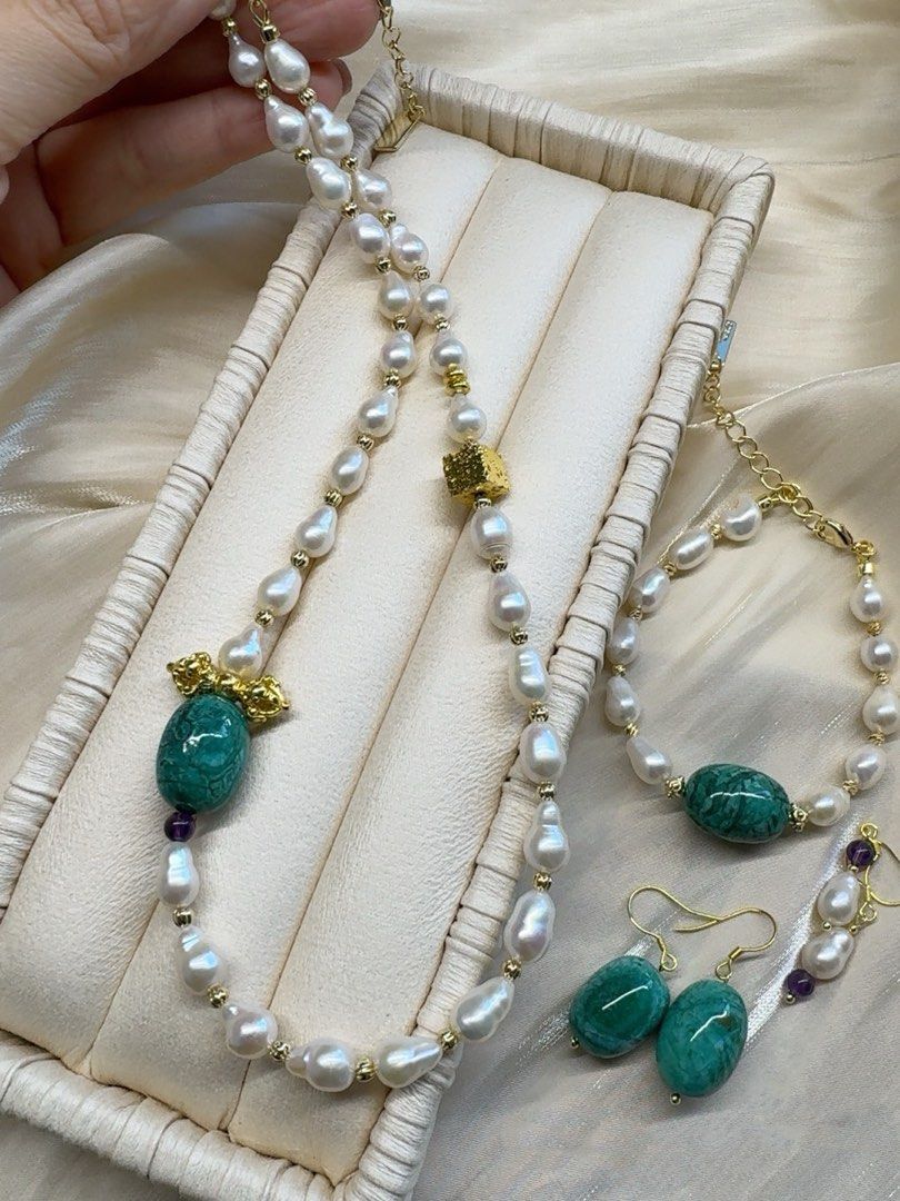 #PN222 Sleek Modern | Freshwater Pearl Necklace & Bracelet & Earrings Set| Gourd Shaped Pearl| Natural Stones