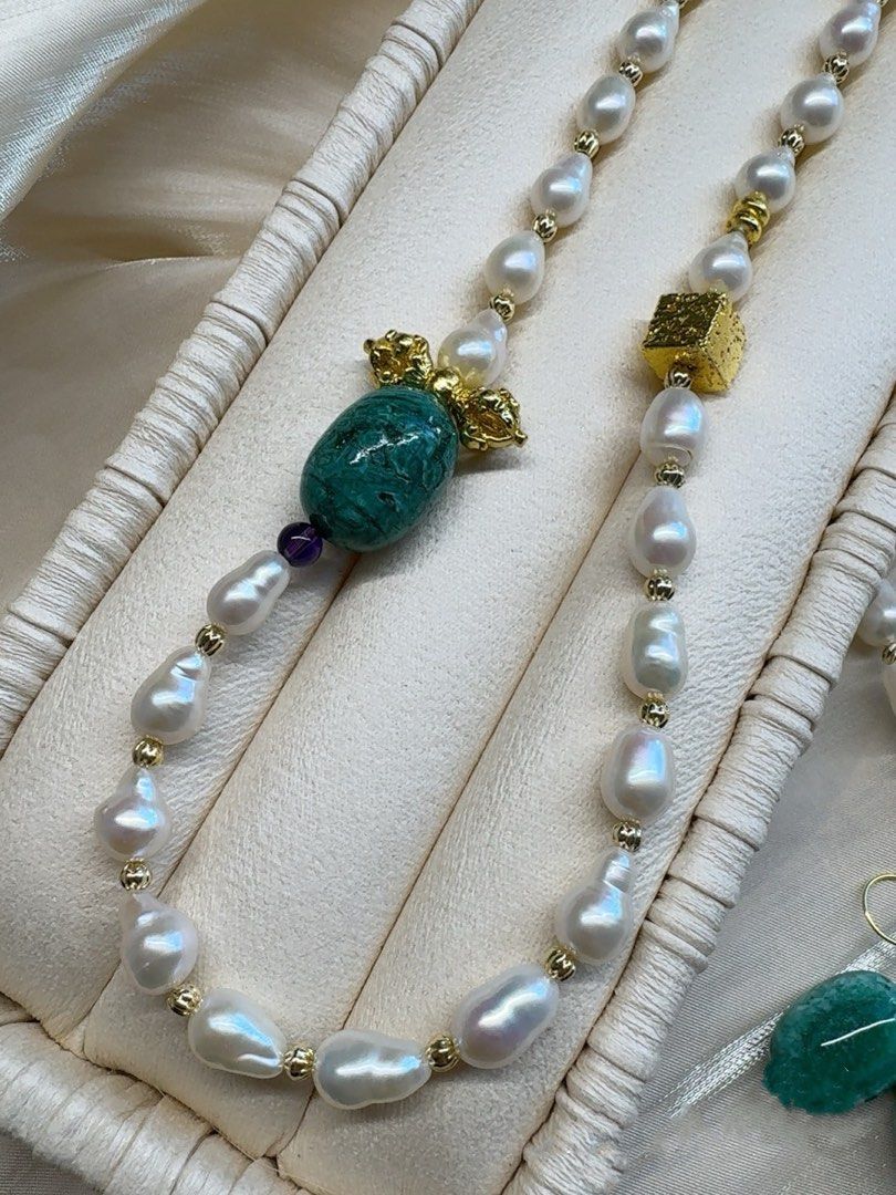 #PN222 Sleek Modern | Freshwater Pearl Necklace & Bracelet & Earrings Set| Gourd Shaped Pearl| Natural Stones