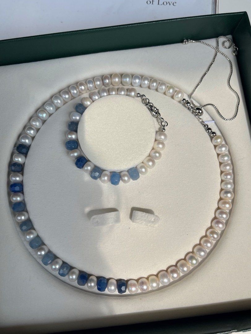 #PN193 London Evening |Freshwater Pearl Necklace & Bracelet Set |Aquamarine|Agate|Gradient Shades |Big Lustrous Pearl|Adjustable Length