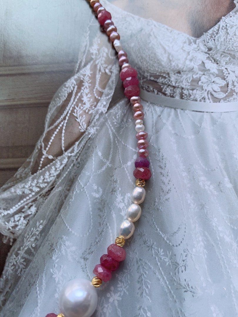#PN207 Freshwater Pearl Necklace & Bracelet & Earrings Set| Tourmaline|White Edison & Pink Baroque Pearls