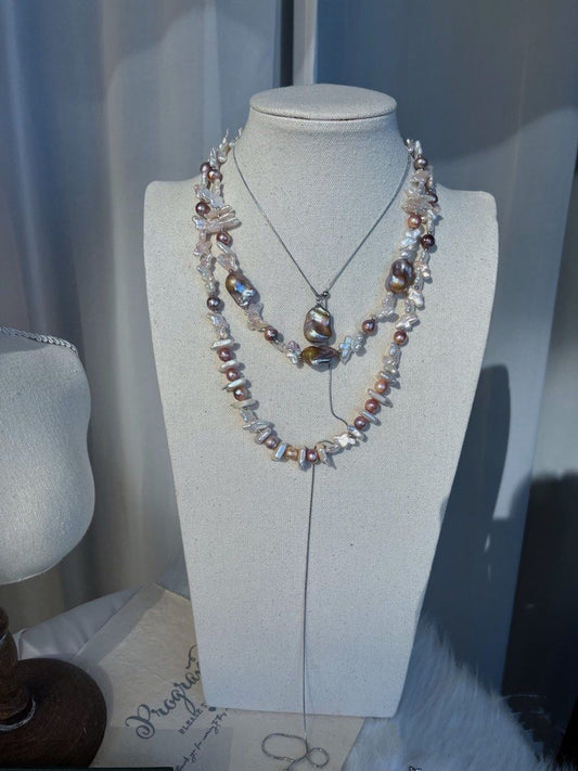 #PN26 Oil Painting |Freshwater Pearl Necklace & Bracelet Set |Lustrous Cross Pearl|Golden-purple Big Baroque Pearl |Metallic Dark Purple Pearl