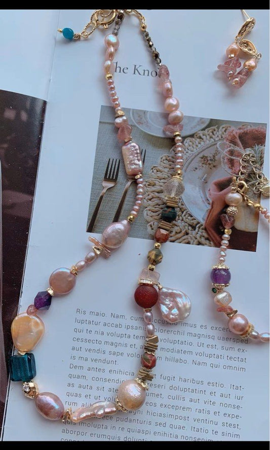 #PN208 Freshwater Pearl Necklace & Bracelet & Earrings Set |Flower Petals Shaped Baroque Pearl |Quartz|Colourful|Removable Pendant