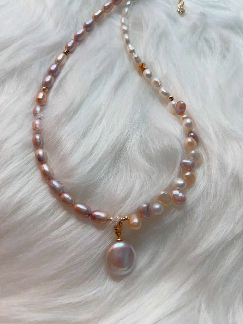 #PN285 Tender Pearl| Freshwater Pearl Necklace | Colorful Wheat Ear| Removable Pendant | Lustrous Coin Pearl | Metallic Rice Pearl