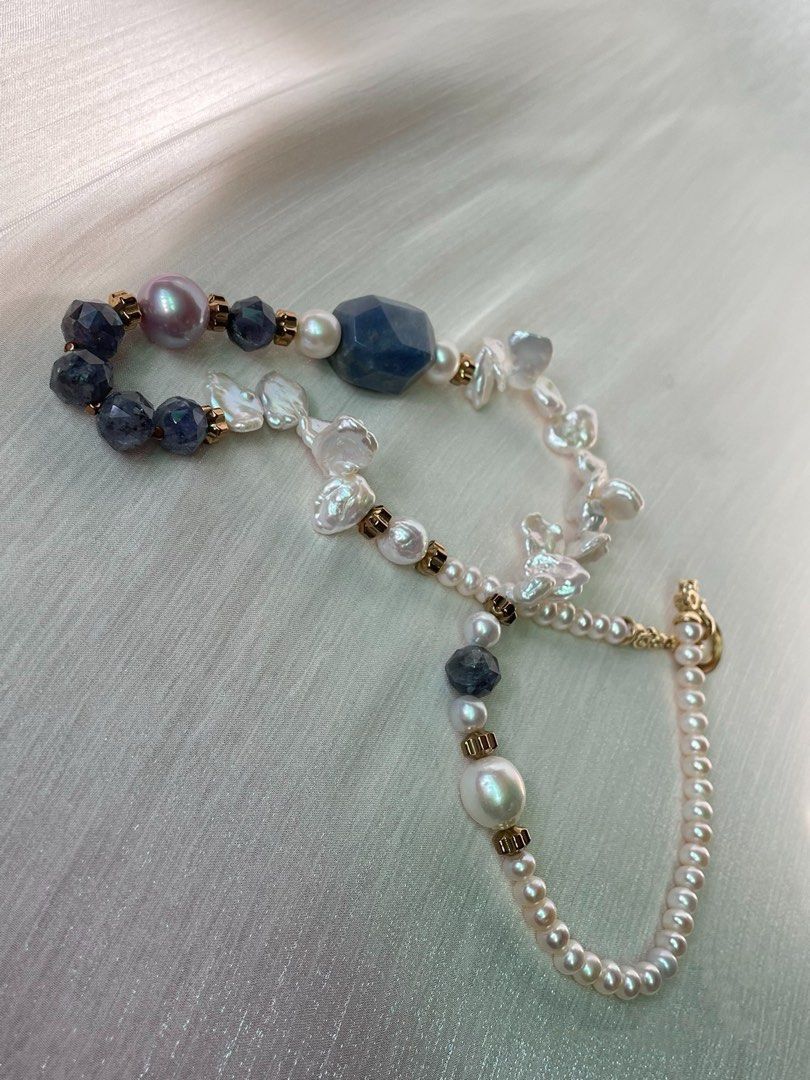 #PN75 Pearlescent Bliss| Freshwater Pearl Necklace | Big Sodalite Faceted| Flower Petal Baroque Pearl | Edison Pearl | Iolite