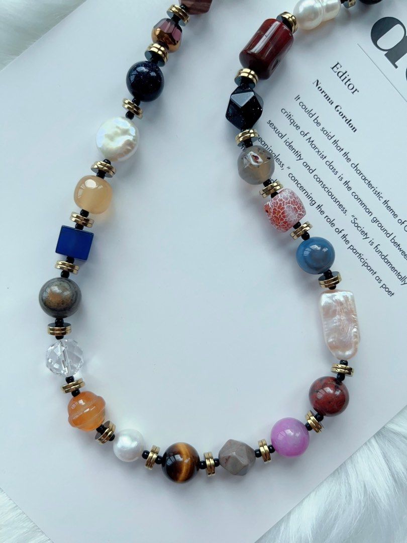 #PN276 Brown Garden| Freshwater Pearl Necklace | Yellow, Blue Sandstone Faceted| Agate| Coin, Gourd Pearl | Tiger Eye| Rectangle Baroque | Grey Agate Bell