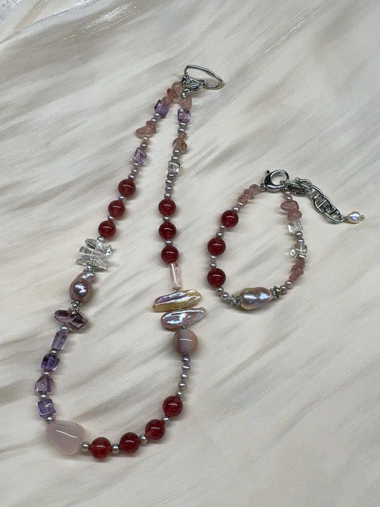 #PN253 Red&Purple|Freshwater Pearl Necklace & Bracelet Set |Rose-red Strawberry Quartz |Freeform Amethyst |Rose Quartz |Lustrous Purple Baroque Pearl