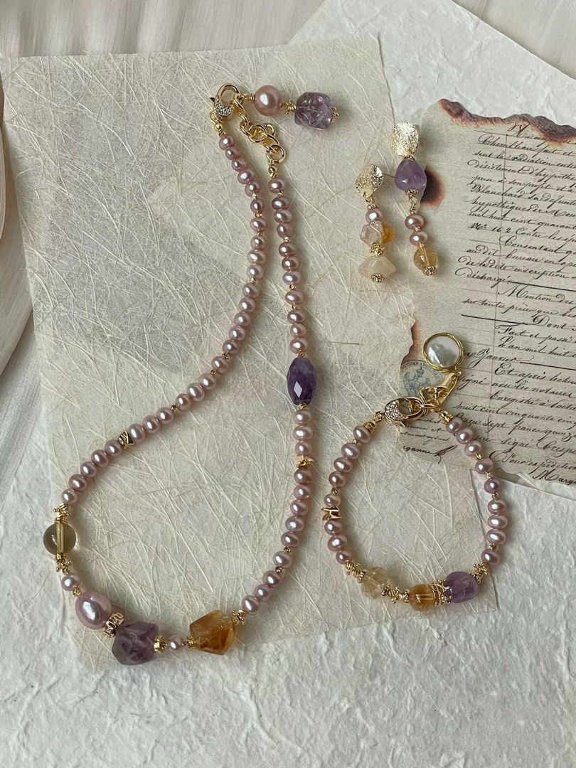 #PN65 Purple Breath |Freshwater Pearl Necklace & Bracelet & Earrings Set | Amethyst, Citrine Freeform |Baby Baroque Pearl