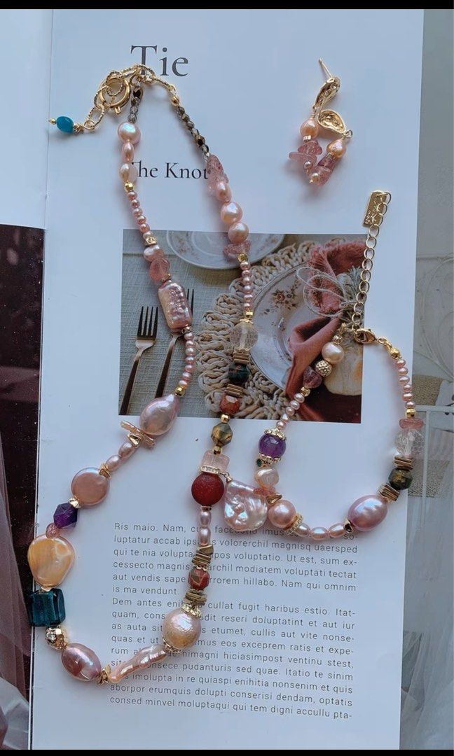 #PN208 Freshwater Pearl Necklace & Bracelet & Earrings Set |Flower Petals Shaped Baroque Pearl |Quartz|Colourful|Removable Pendant