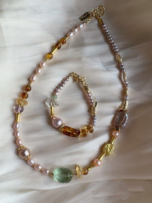 #PN224 Green Waves |Freshwater Pearl Necklace & Bracelet Set |Big Green Strawberry Quartz |Purple Baroque Pearl |Amber|Clear Quartz|Citrine Faceted