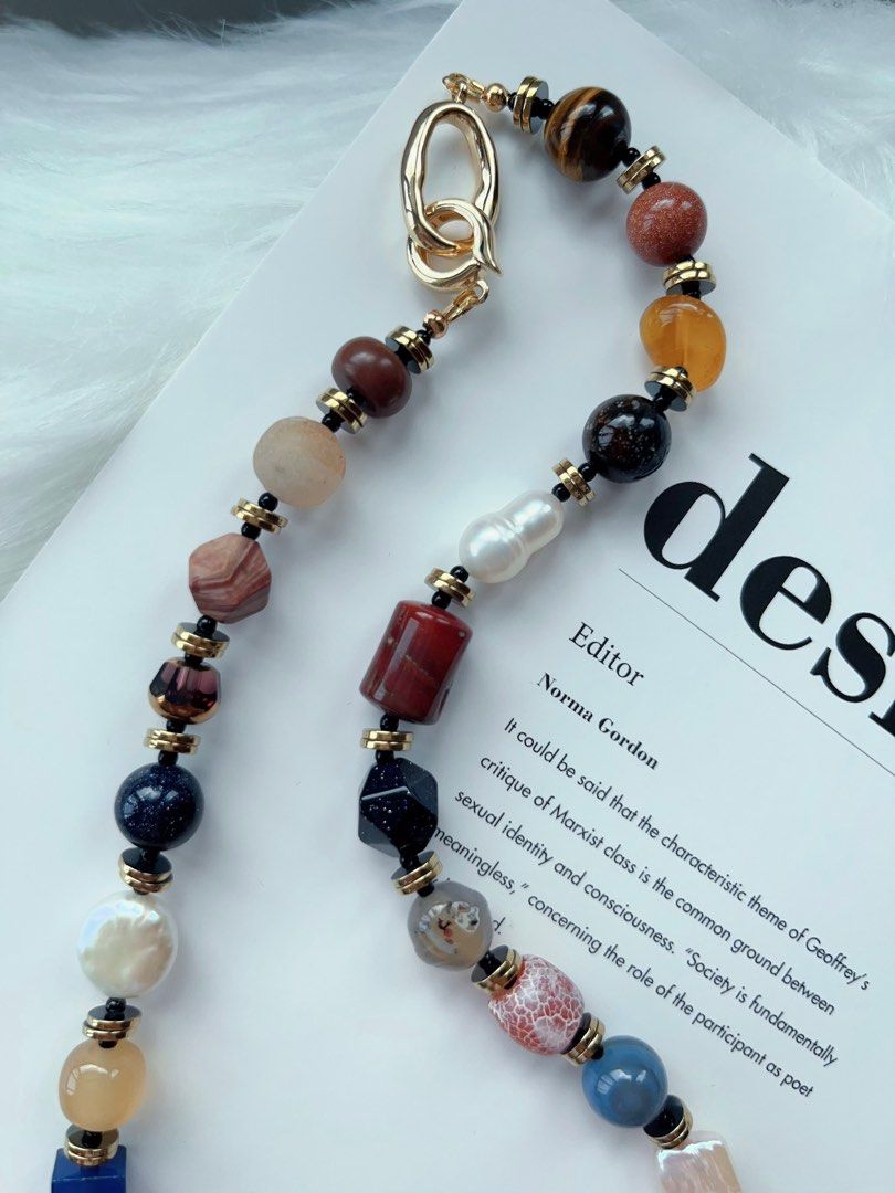 #PN276 Brown Garden| Freshwater Pearl Necklace | Yellow, Blue Sandstone Faceted| Agate| Coin, Gourd Pearl | Tiger Eye| Rectangle Baroque | Grey Agate Bell