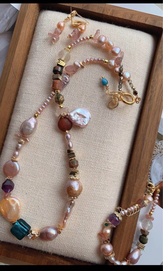 #PN208 Freshwater Pearl Necklace & Bracelet & Earrings Set |Flower Petals Shaped Baroque Pearl |Quartz|Colourful|Removable Pendant