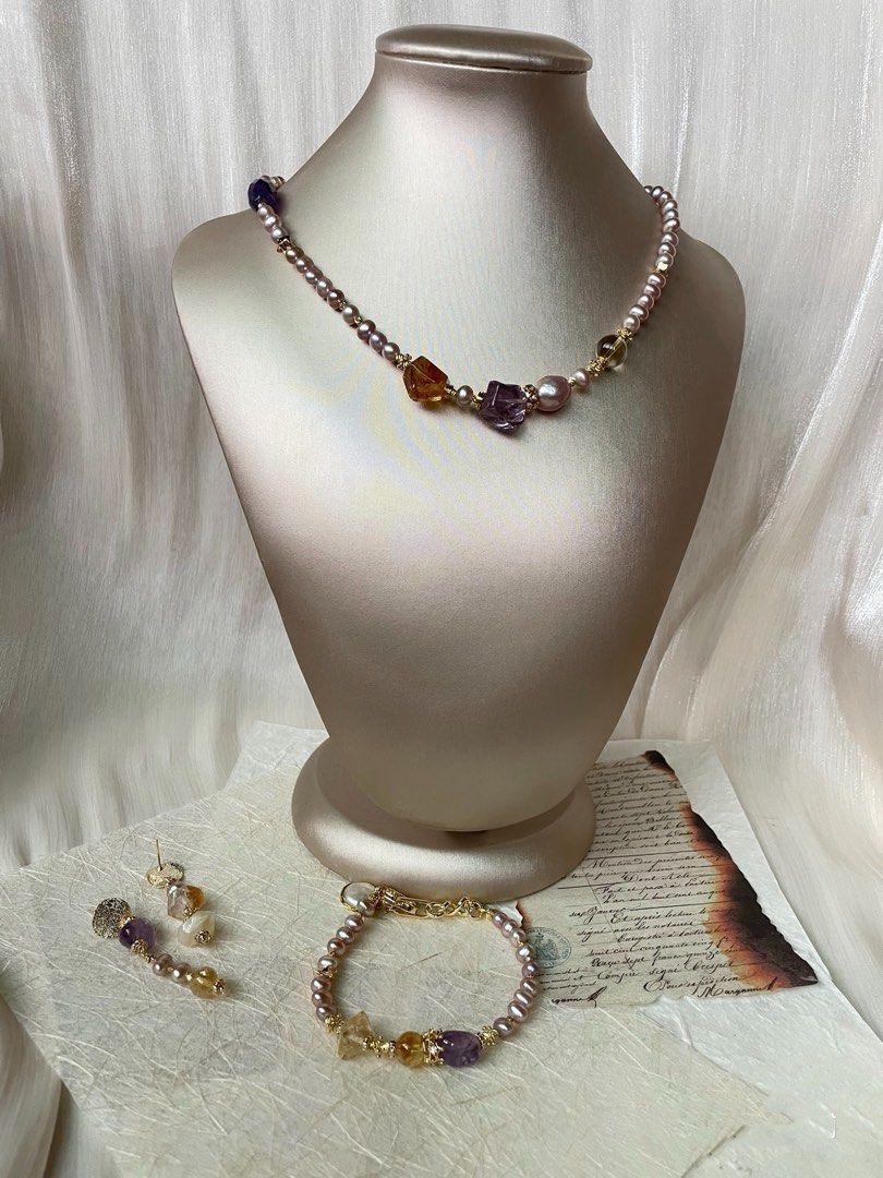 #PN65 Purple Breath |Freshwater Pearl Necklace & Bracelet & Earrings Set | Amethyst, Citrine Freeform |Baby Baroque Pearl