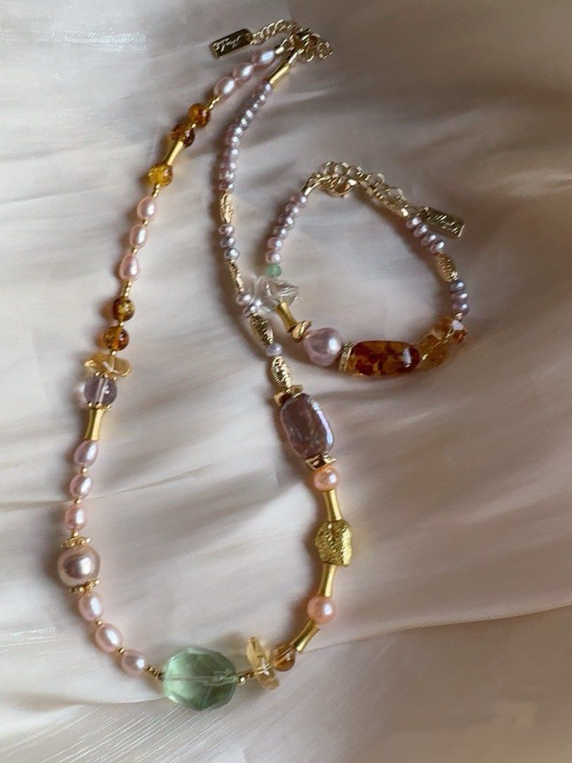 #PN224 Green Waves |Freshwater Pearl Necklace & Bracelet Set |Big Green Strawberry Quartz |Purple Baroque Pearl |Amber|Clear Quartz|Citrine Faceted