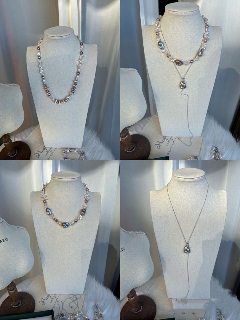 #PN26 Oil Painting |Freshwater Pearl Necklace & Bracelet Set |Lustrous Cross Pearl|Golden-purple Big Baroque Pearl |Metallic Dark Purple Pearl