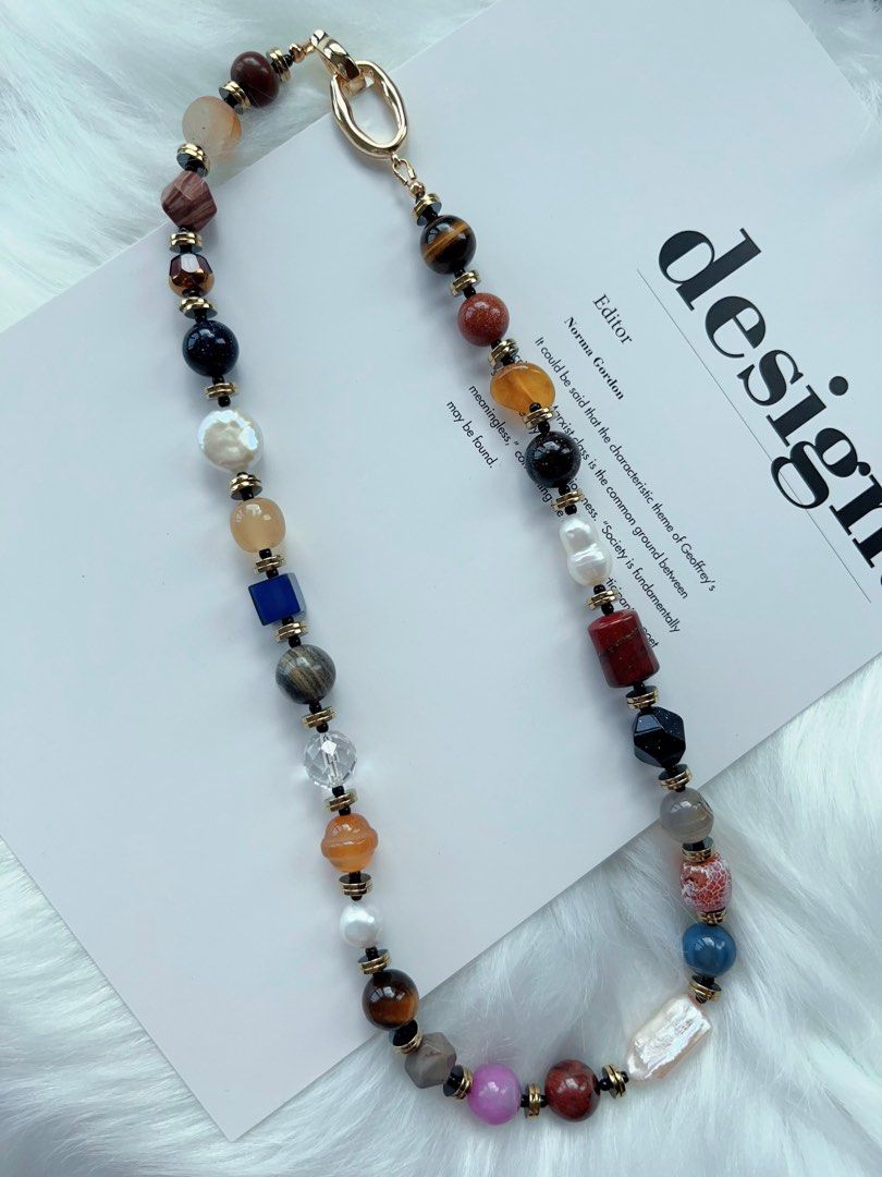 #PN276 Brown Garden| Freshwater Pearl Necklace | Yellow, Blue Sandstone Faceted| Agate| Coin, Gourd Pearl | Tiger Eye| Rectangle Baroque | Grey Agate Bell