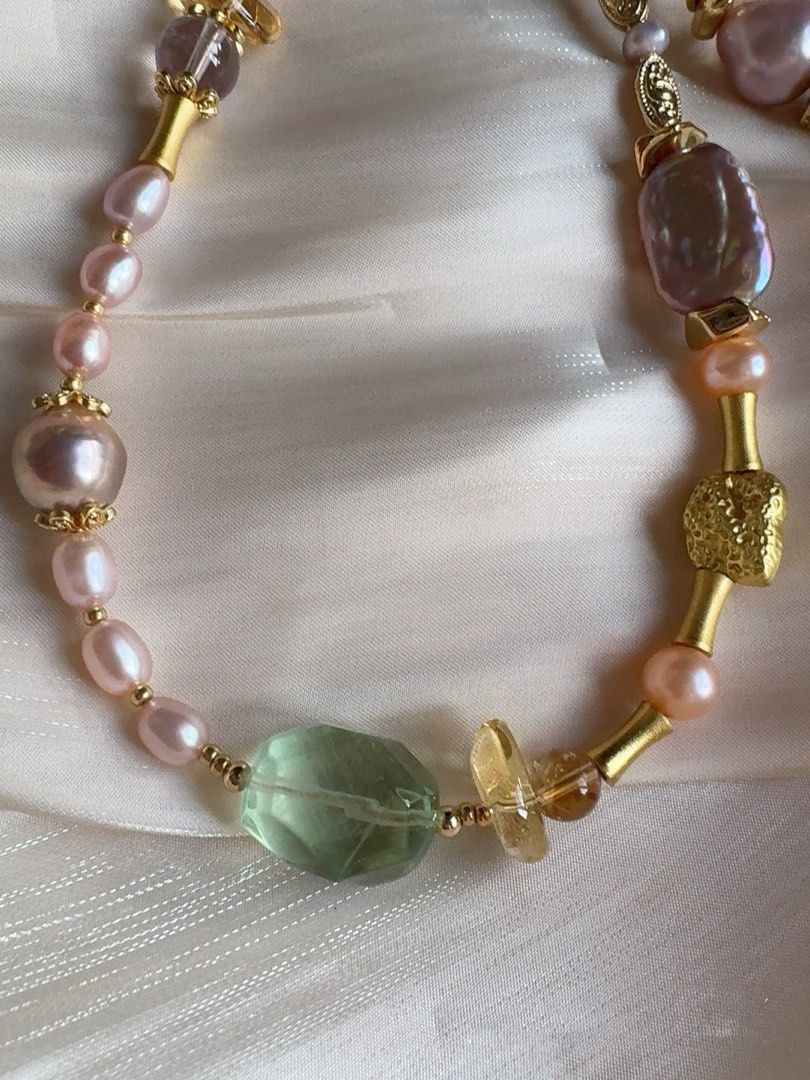 #PN224 Green Waves |Freshwater Pearl Necklace & Bracelet Set |Big Green Strawberry Quartz |Purple Baroque Pearl |Amber|Clear Quartz|Citrine Faceted