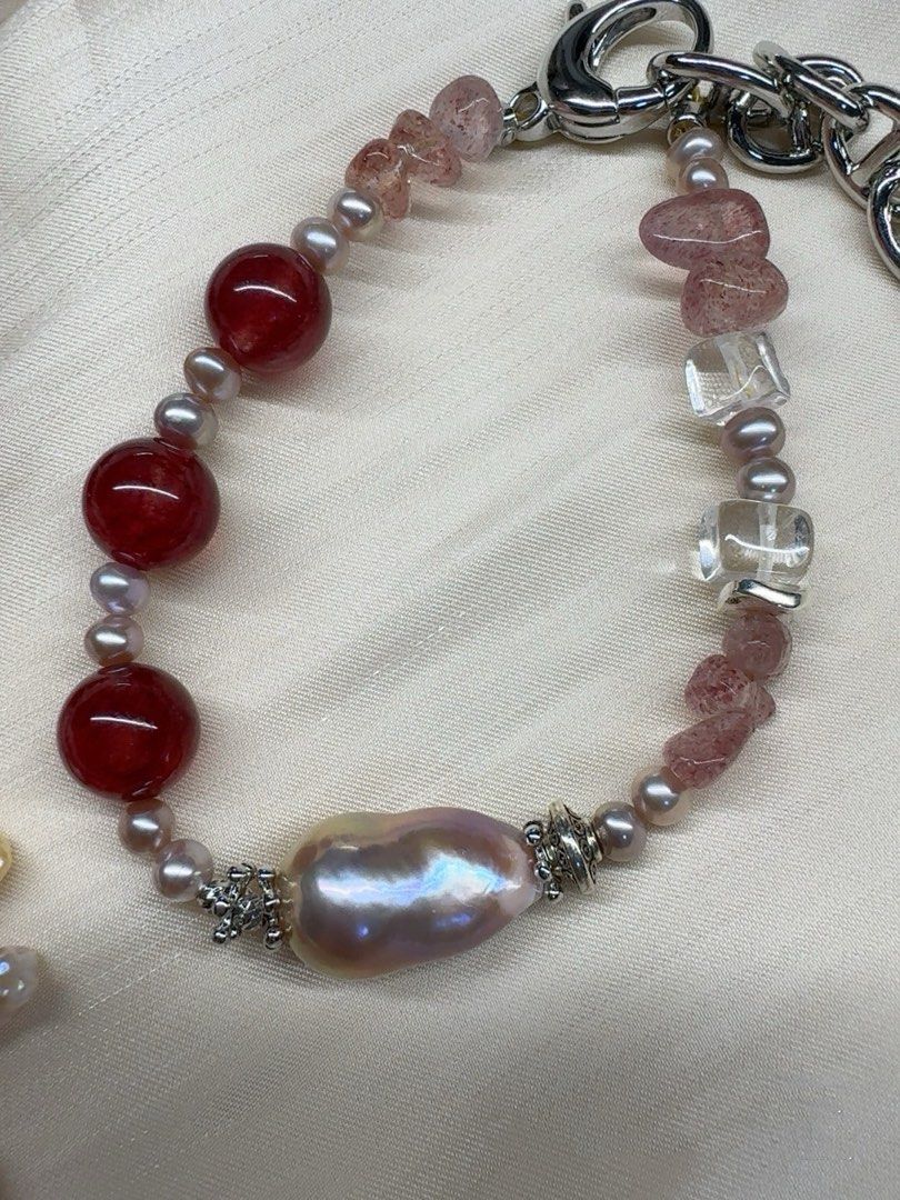 #PN253 Red&Purple|Freshwater Pearl Necklace & Bracelet Set |Rose-red Strawberry Quartz |Freeform Amethyst |Rose Quartz |Lustrous Purple Baroque Pearl