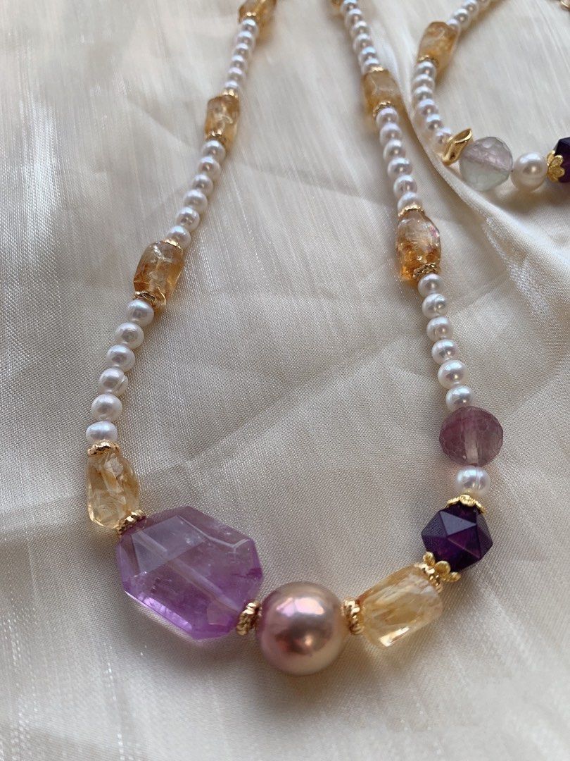 #PN209 Freshwater Pearl Bracelet & Necklace Set|Purple &Yellow Quartz |Big Edison Pearl
