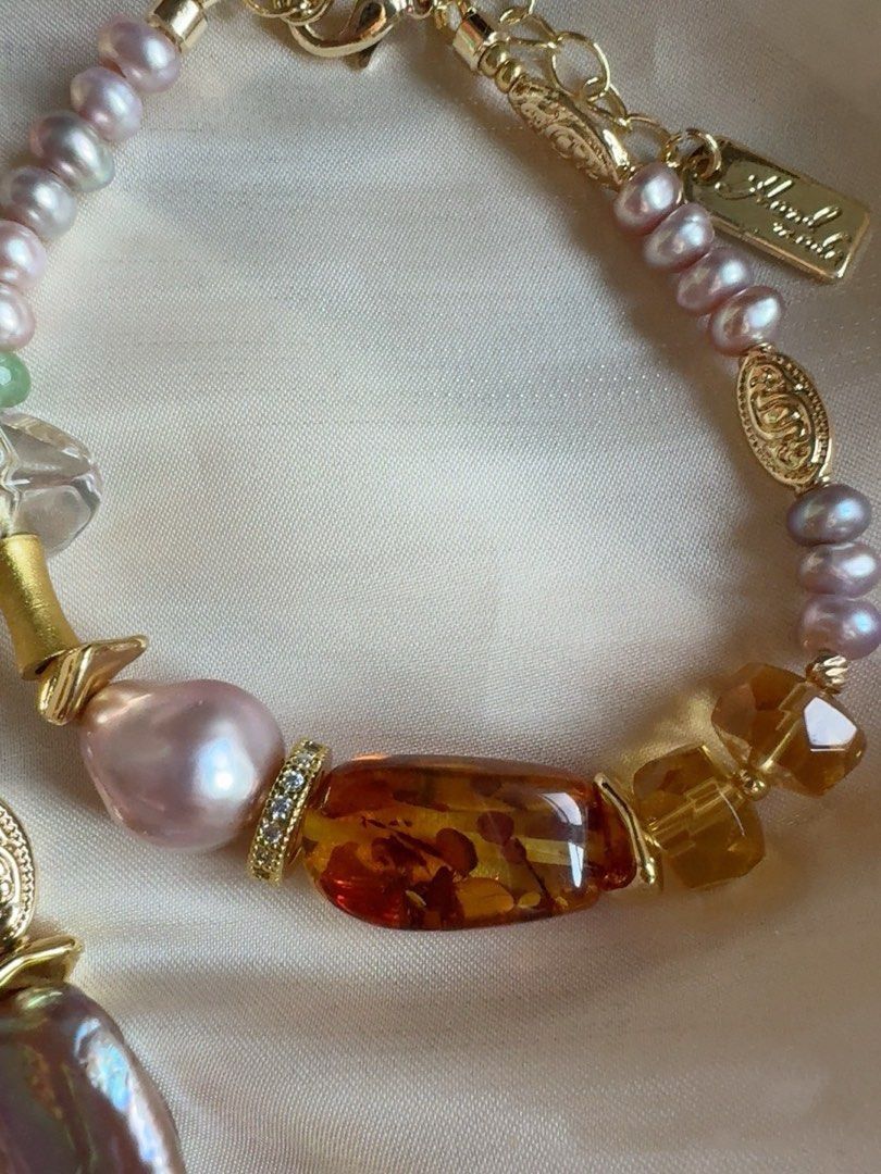 #PN224 Green Waves |Freshwater Pearl Necklace & Bracelet Set |Big Green Strawberry Quartz |Purple Baroque Pearl |Amber|Clear Quartz|Citrine Faceted