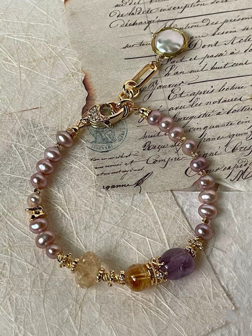 #PN65 Purple Breath |Freshwater Pearl Necklace & Bracelet & Earrings Set | Amethyst, Citrine Freeform |Baby Baroque Pearl