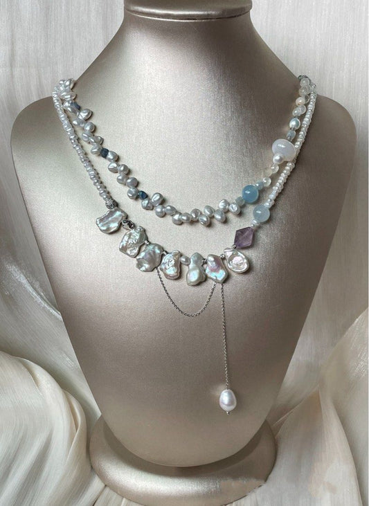 #PN18 Star Trek| Freshwater Pearl Necklace | Double-layer|Petal Baroque | Aquamarine | Agate Ring| Amethyst Faceted | Kyanite Cube|Baby Pearl