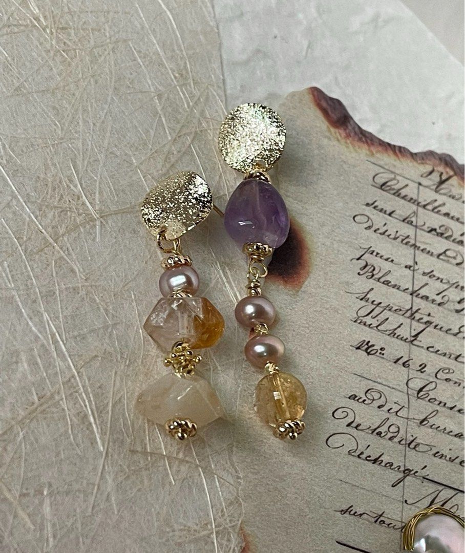 #PN65 Purple Breath |Freshwater Pearl Necklace & Bracelet & Earrings Set | Amethyst, Citrine Freeform |Baby Baroque Pearl