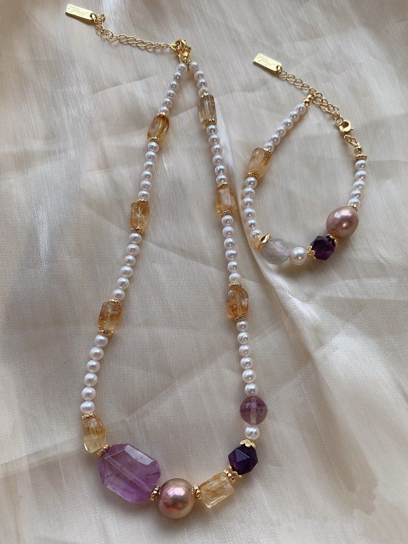 #PN209 Freshwater Pearl Bracelet & Necklace Set|Purple &Yellow Quartz |Big Edison Pearl