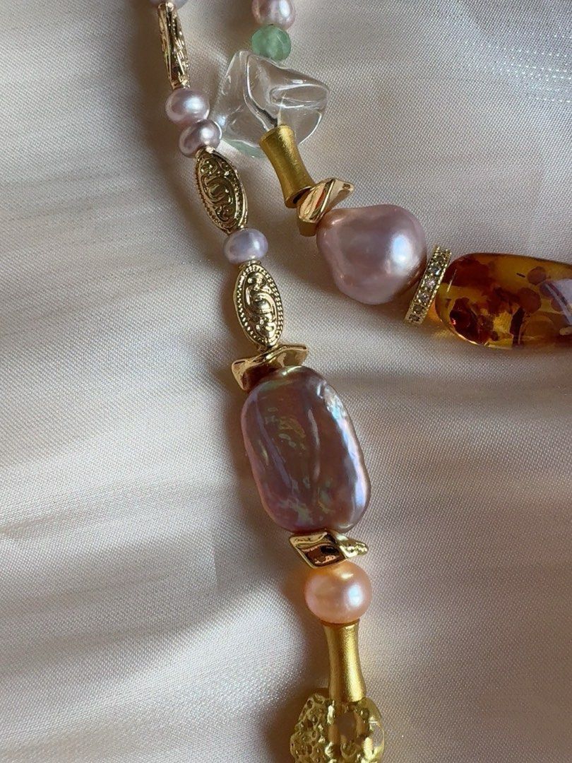 #PN224 Green Waves |Freshwater Pearl Necklace & Bracelet Set |Big Green Strawberry Quartz |Purple Baroque Pearl |Amber|Clear Quartz|Citrine Faceted