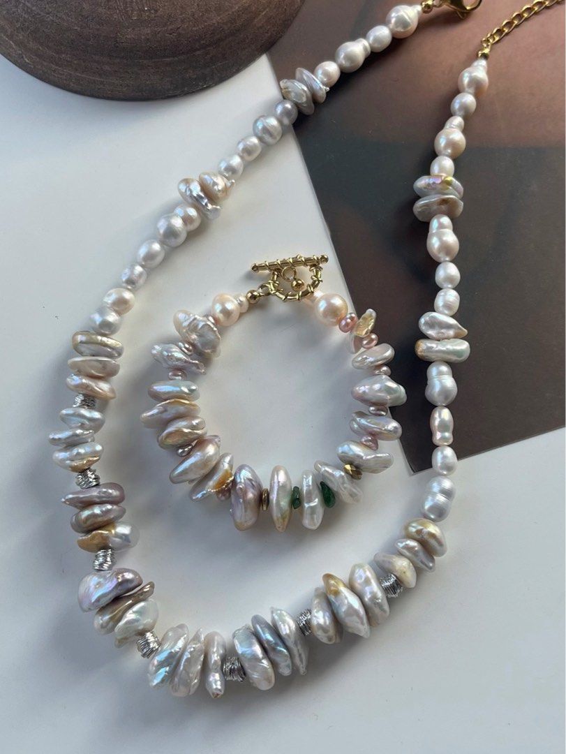 #PN239 Millionaires| Freshwater Pearl Necklace & Bracelet Set |Big Coin Pearl |Natural Flaws |Lustrous|Colourful