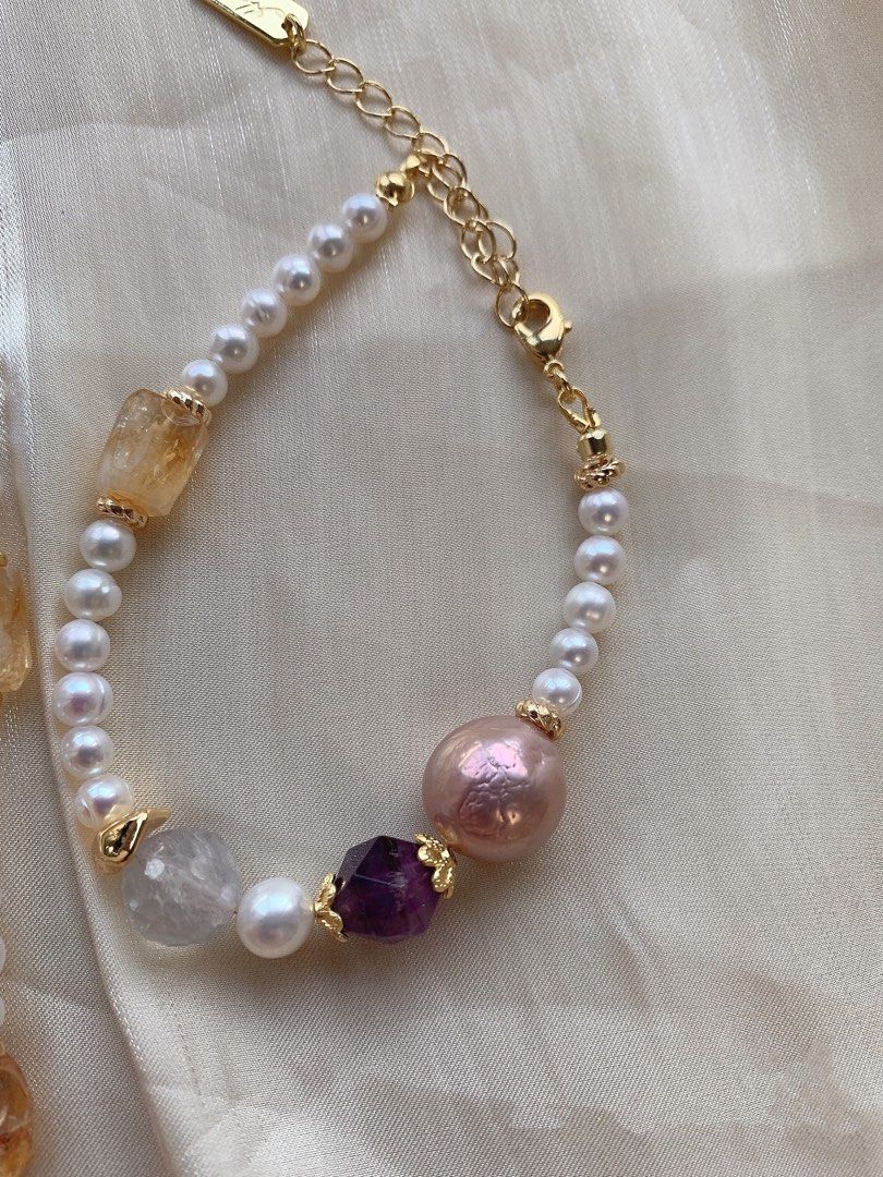 #PN209 Freshwater Pearl Bracelet & Necklace Set|Purple &Yellow Quartz |Big Edison Pearl