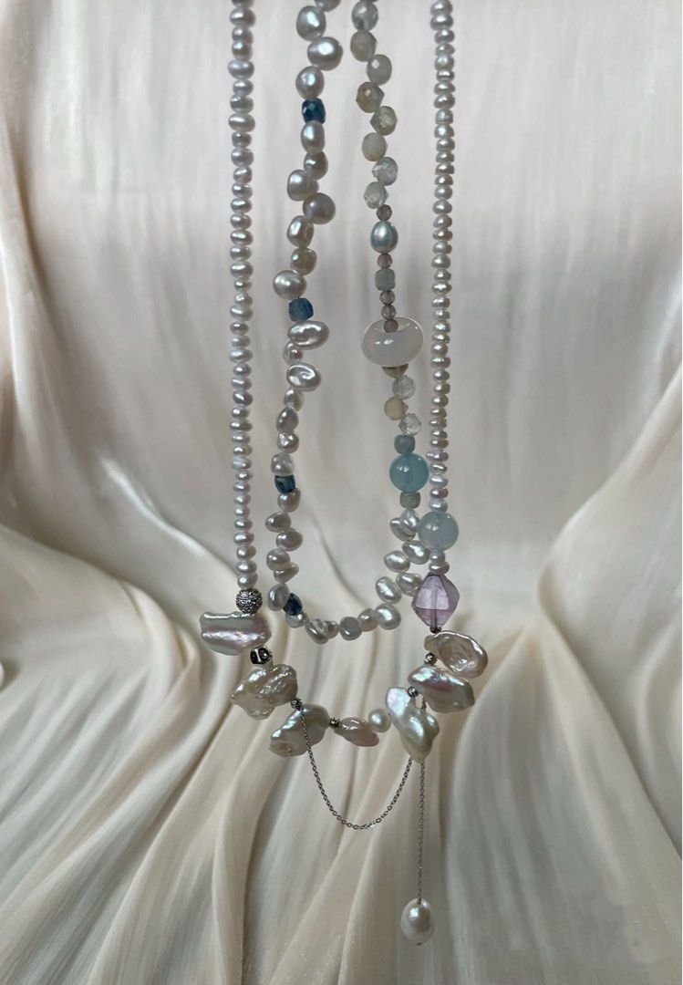 #PN18 Star Trek| Freshwater Pearl Necklace | Double-layer|Petal Baroque | Aquamarine | Agate Ring| Amethyst Faceted | Kyanite Cube|Baby Pearl