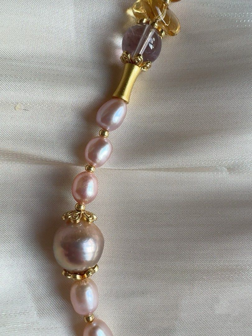 #PN224 Green Waves |Freshwater Pearl Necklace & Bracelet Set |Big Green Strawberry Quartz |Purple Baroque Pearl |Amber|Clear Quartz|Citrine Faceted