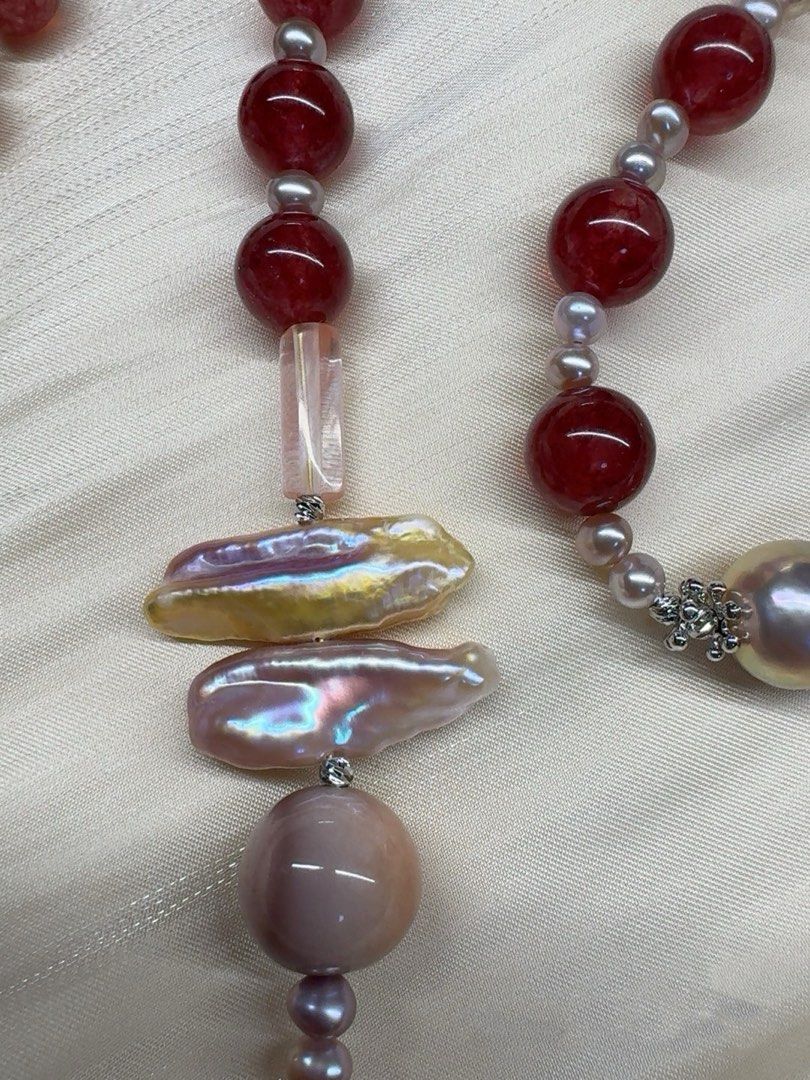 #PN253 Red&Purple|Freshwater Pearl Necklace & Bracelet Set |Rose-red Strawberry Quartz |Freeform Amethyst |Rose Quartz |Lustrous Purple Baroque Pearl
