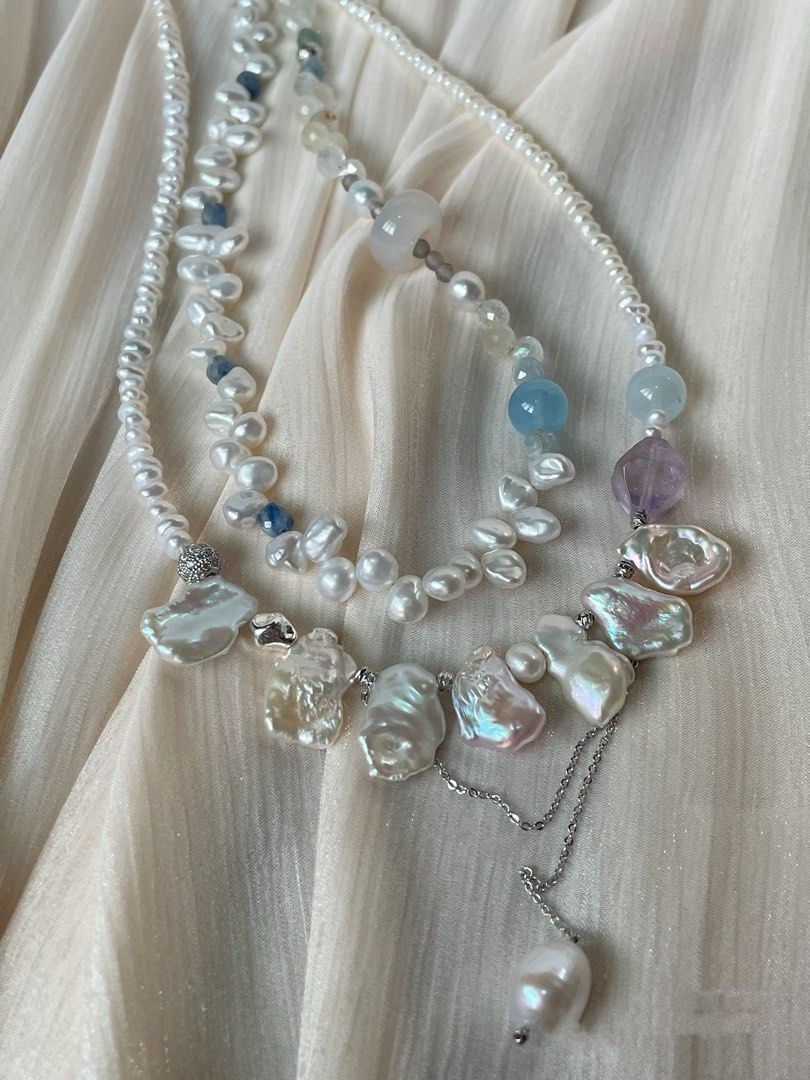 #PN18 Star Trek| Freshwater Pearl Necklace | Double-layer|Petal Baroque | Aquamarine | Agate Ring| Amethyst Faceted | Kyanite Cube|Baby Pearl