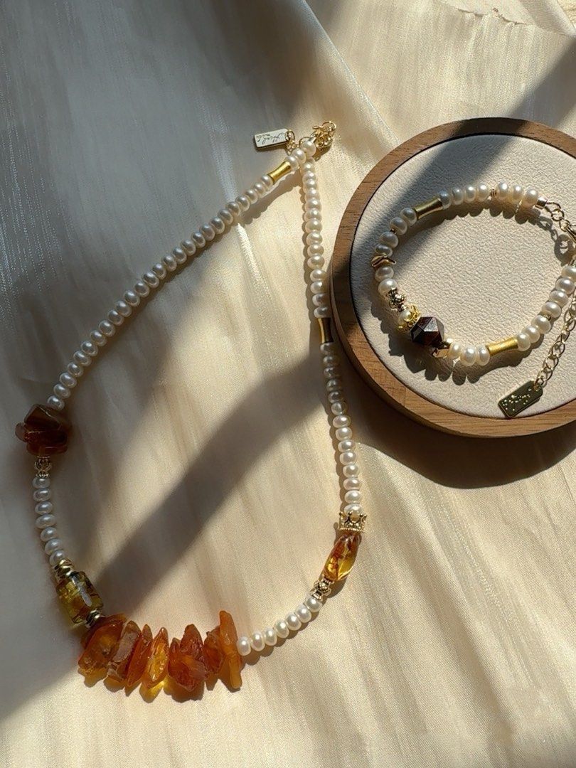 #PN225 Orange Juice |Freshwater Pearl Necklace & Bracelet Set |Bun Pearl|Amber|Big Beeswax|White Baroque Pearl