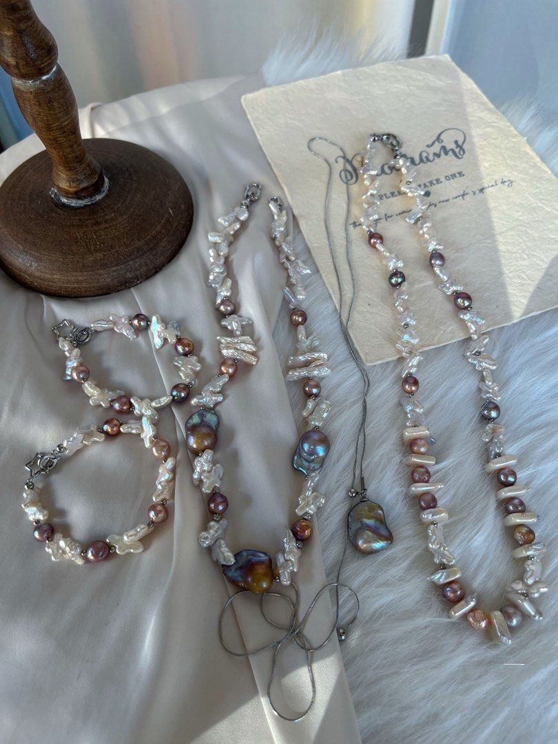 #PN26 Oil Painting |Freshwater Pearl Necklace & Bracelet Set |Lustrous Cross Pearl|Golden-purple Big Baroque Pearl |Metallic Dark Purple Pearl