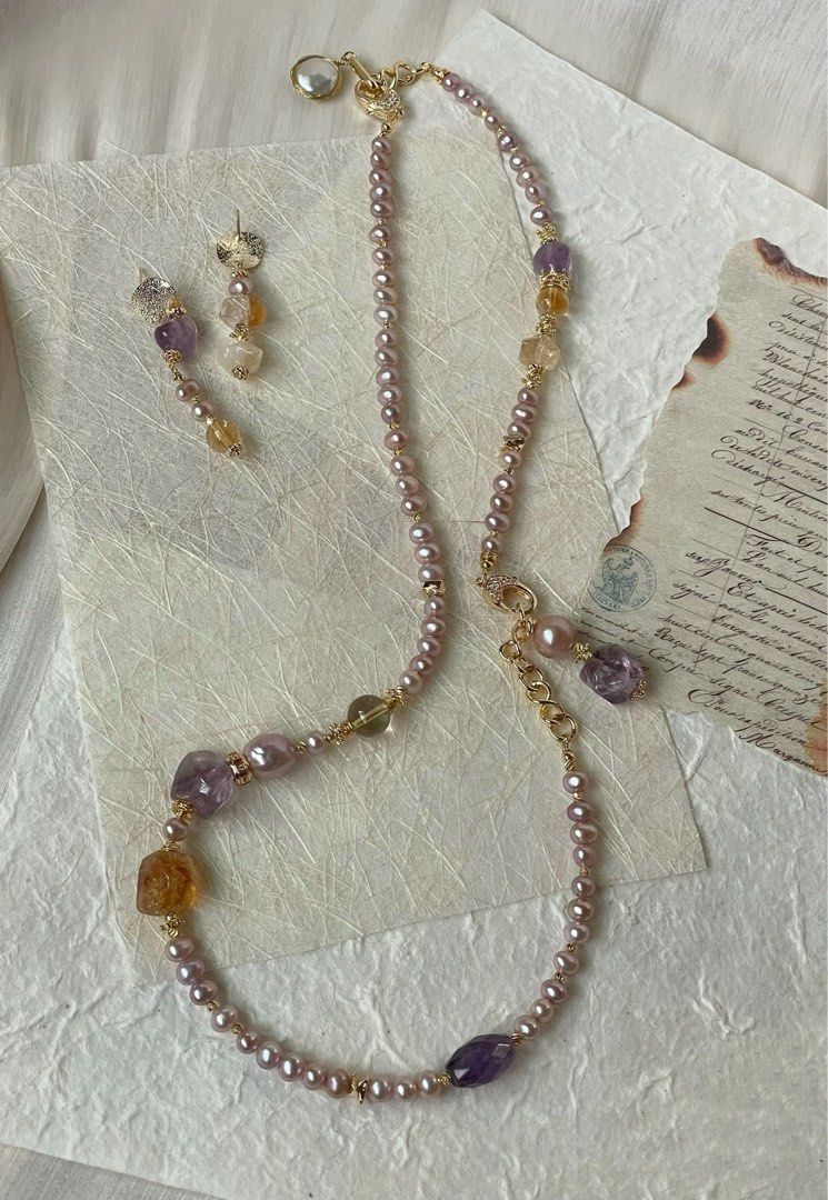 #PN65 Purple Breath |Freshwater Pearl Necklace & Bracelet & Earrings Set | Amethyst, Citrine Freeform |Baby Baroque Pearl
