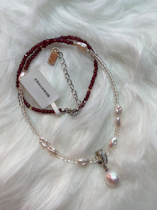 #PN278 Dark Red | Freshwater Pearl Necklace | Garnet Cubes| Import Beads| Keshi Baroque | Removable Pendant Pearl