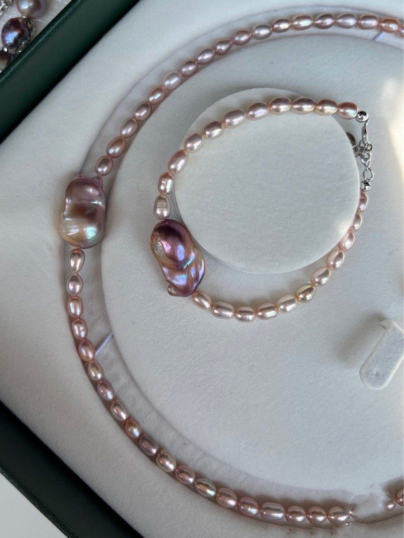 #PN195 Metallic City| Freshwater Pearl Necklace & Bracelet Set | Minimalist |Lustrous Baroque Pearl |Small Rice Pearl|Natural Flaws