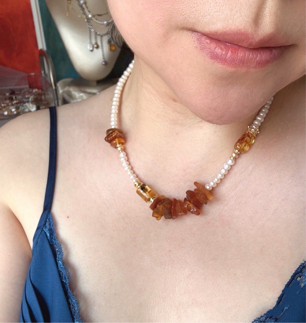 #PN225 Orange Juice |Freshwater Pearl Necklace & Bracelet Set |Bun Pearl|Amber|Big Beeswax|White Baroque Pearl
