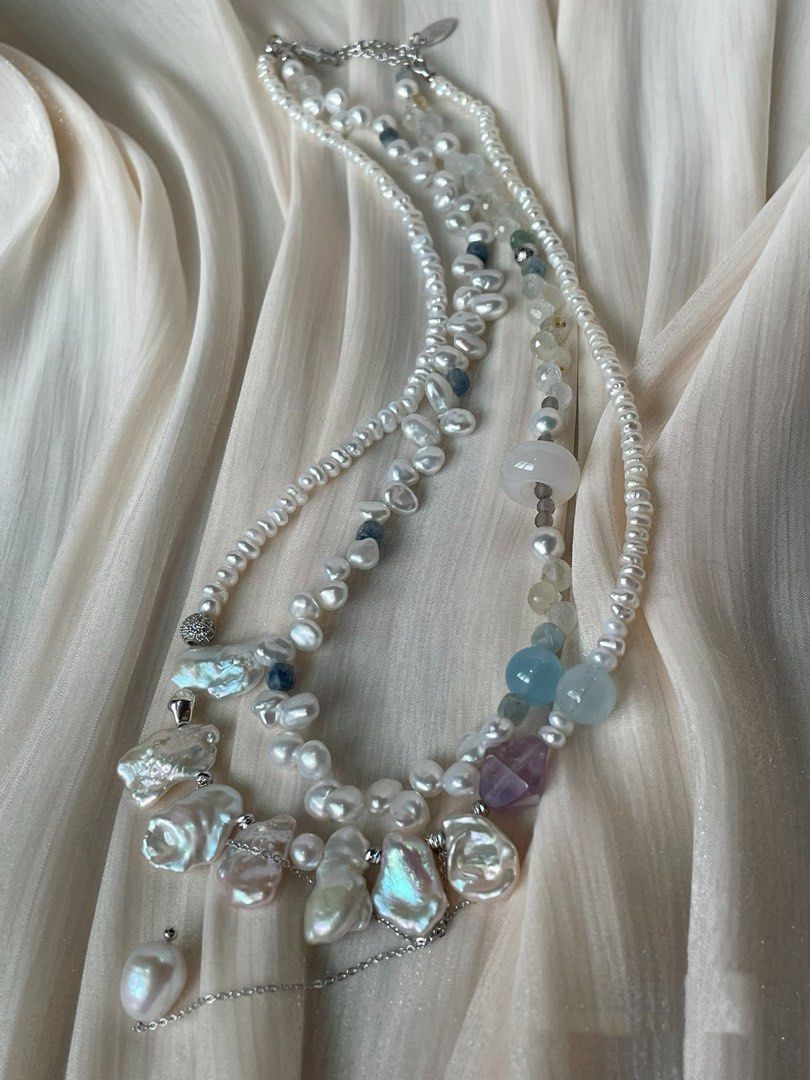 #PN18 Star Trek| Freshwater Pearl Necklace | Double-layer|Petal Baroque | Aquamarine | Agate Ring| Amethyst Faceted | Kyanite Cube|Baby Pearl