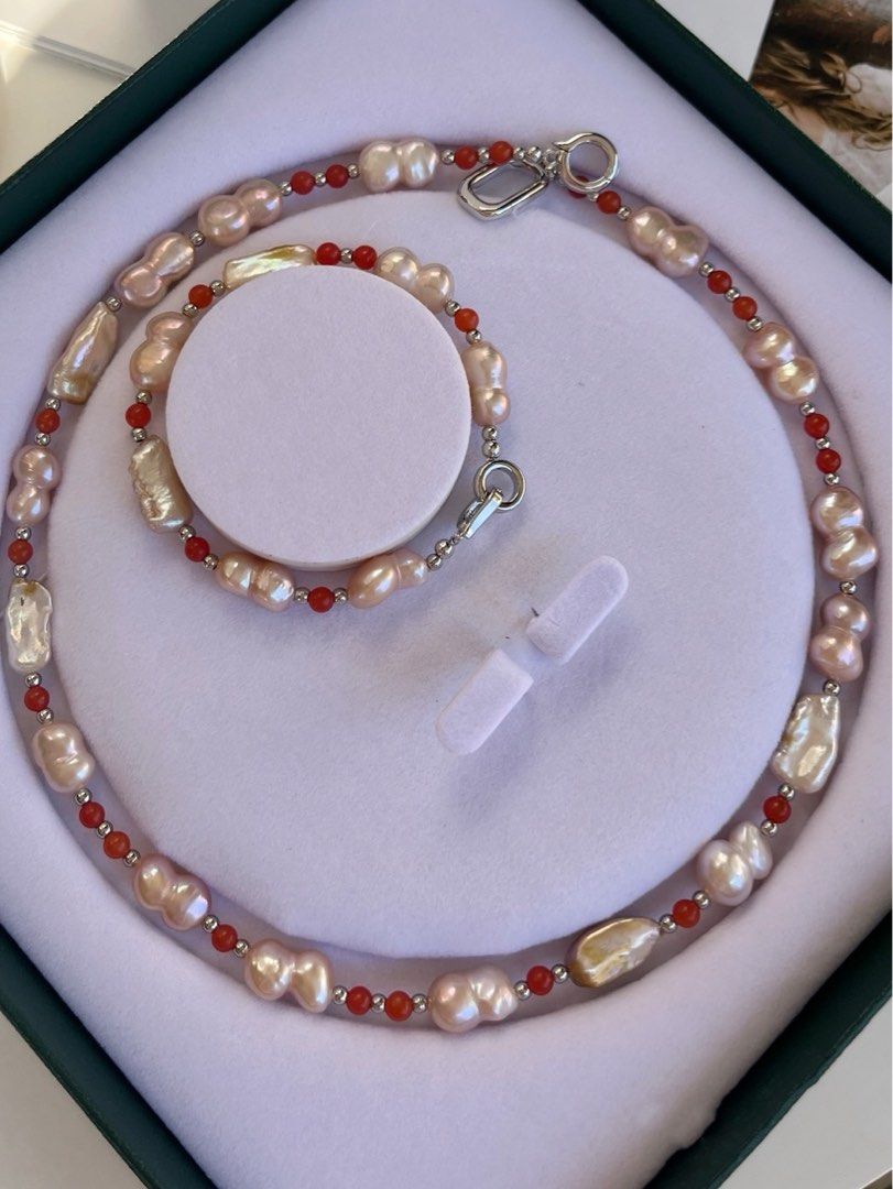 #PN66 Paint Red|Freshwater Pearl Necklace & Bracelet Set |Natural Stones|Gourd Pearl|Irregular