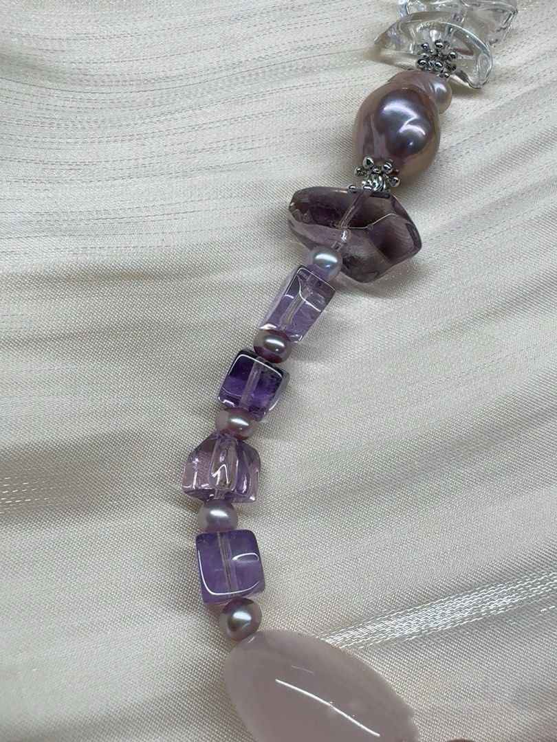 #PN253 Red&Purple|Freshwater Pearl Necklace & Bracelet Set |Rose-red Strawberry Quartz |Freeform Amethyst |Rose Quartz |Lustrous Purple Baroque Pearl