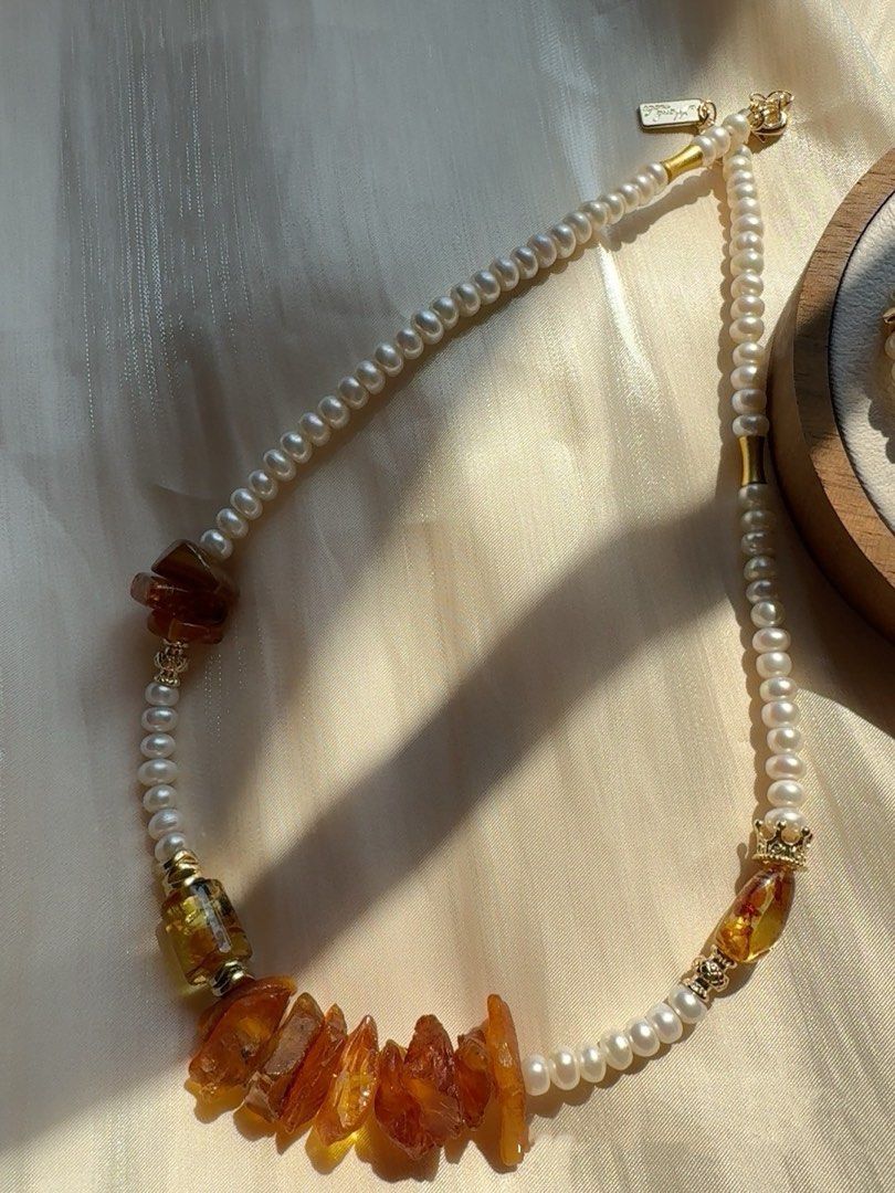 #PN225 Orange Juice |Freshwater Pearl Necklace & Bracelet Set |Bun Pearl|Amber|Big Beeswax|White Baroque Pearl