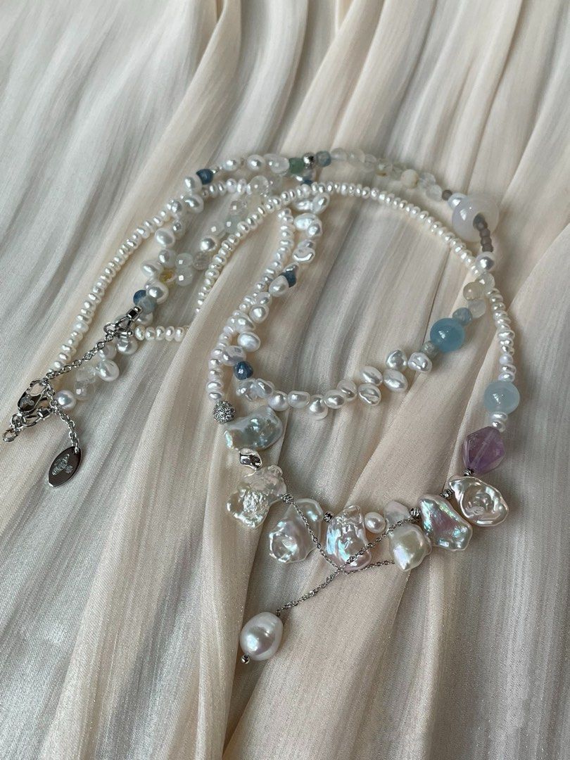 #PN18 Star Trek| Freshwater Pearl Necklace | Double-layer|Petal Baroque | Aquamarine | Agate Ring| Amethyst Faceted | Kyanite Cube|Baby Pearl