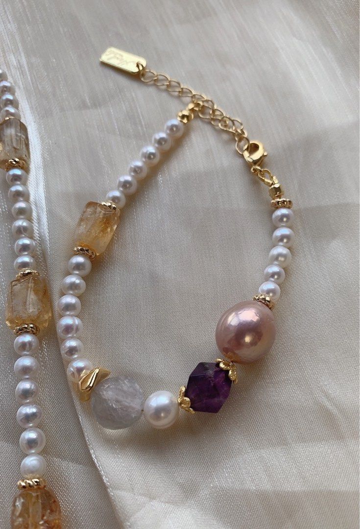 #PN209 Freshwater Pearl Bracelet & Necklace Set|Purple &Yellow Quartz |Big Edison Pearl